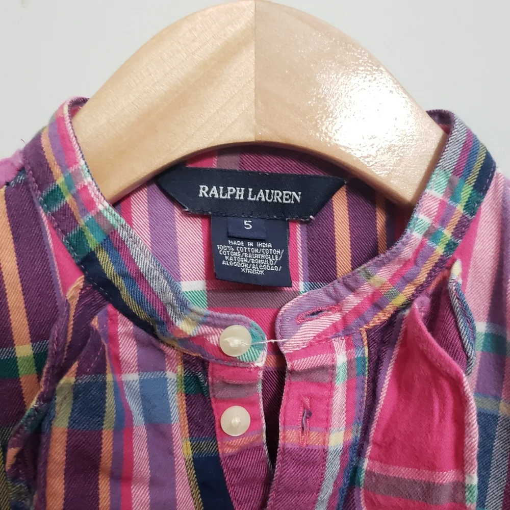 Ralph Lauren Size 5 Girls Pink Plaid Ruffle Bow Half Placket Button Top